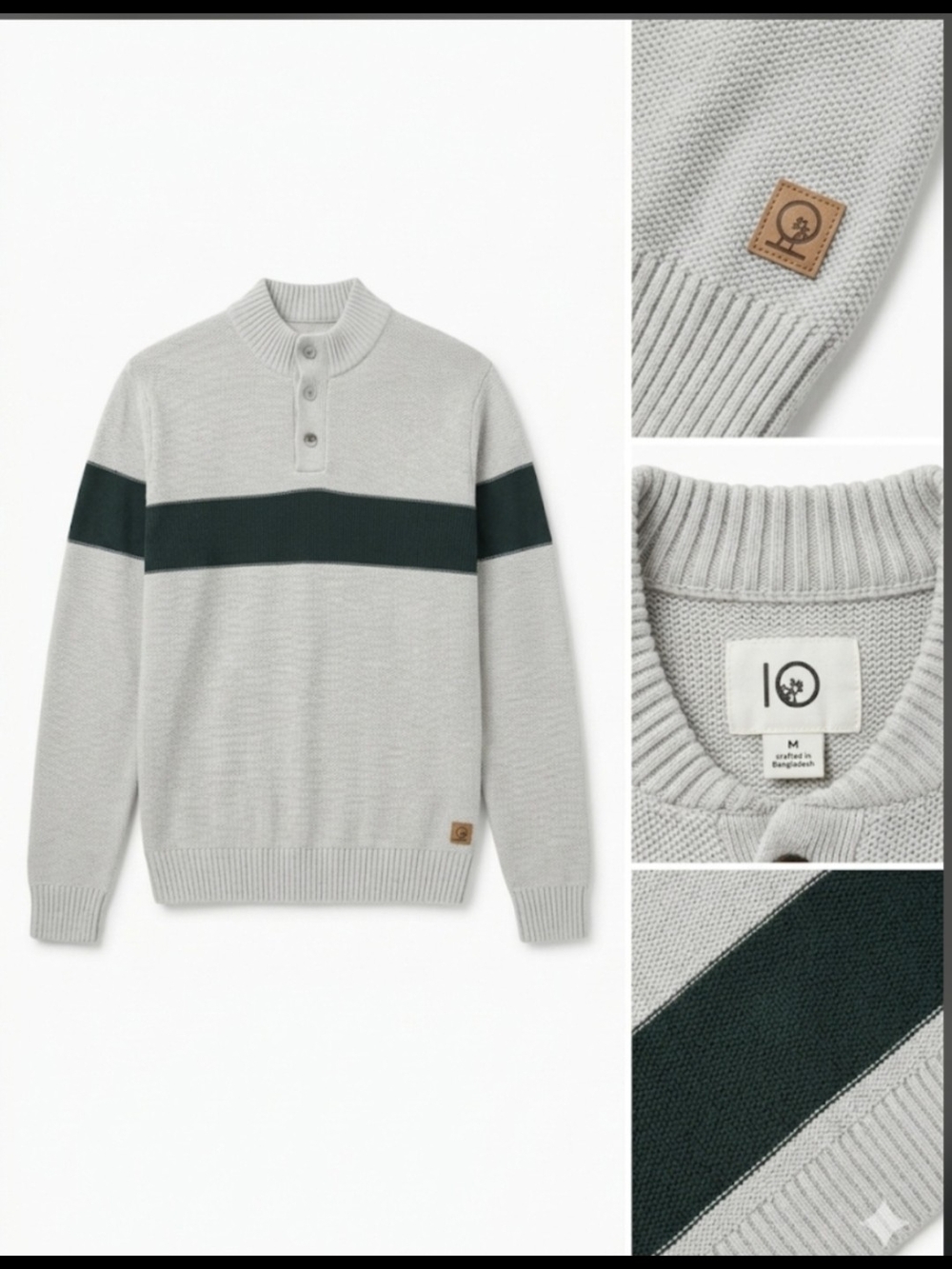 tentree Light Gray V-Neck Sweater with Dark Green Stripe